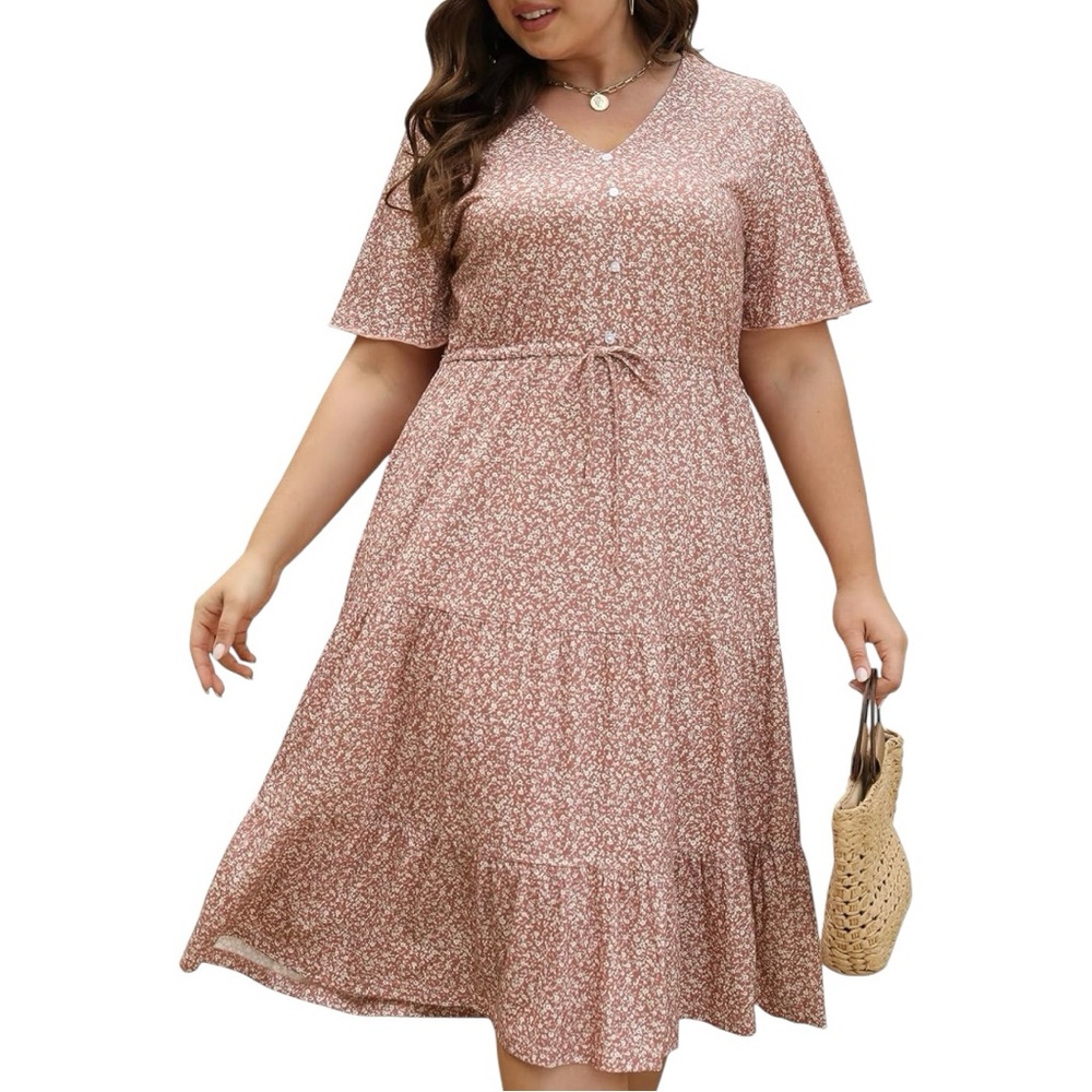 Pink Floral V-neck Tiered Hem Midi Dress with Pockets Size 16 Like New